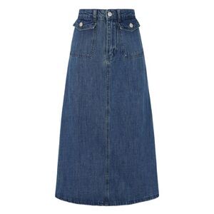 High Waisted Flap Pocket A-Line Vintage Denim Maxi Skirt Vintage Blue